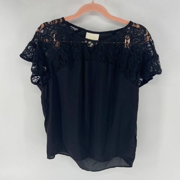Anthropologie Tops - Anthropologie Maeve Black Silky Lace shoulder crew neck Top blouse womens xs